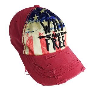 Wild And Free American Flag Distressed Red Baseball Hat Ball Cap 4350‎ District